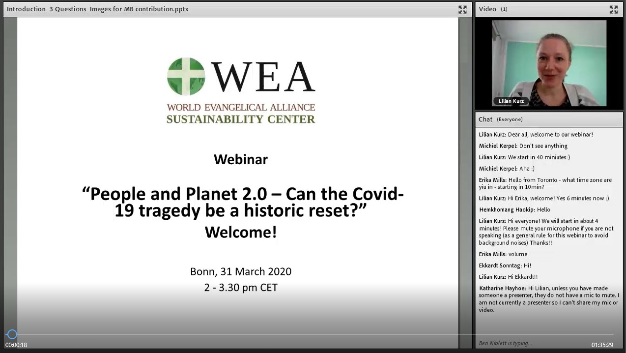 Promotional graphic for the People and Planet 2.0 webinar hosted by the WEA Sustainability Center on the Covid-19 crisis and creation care