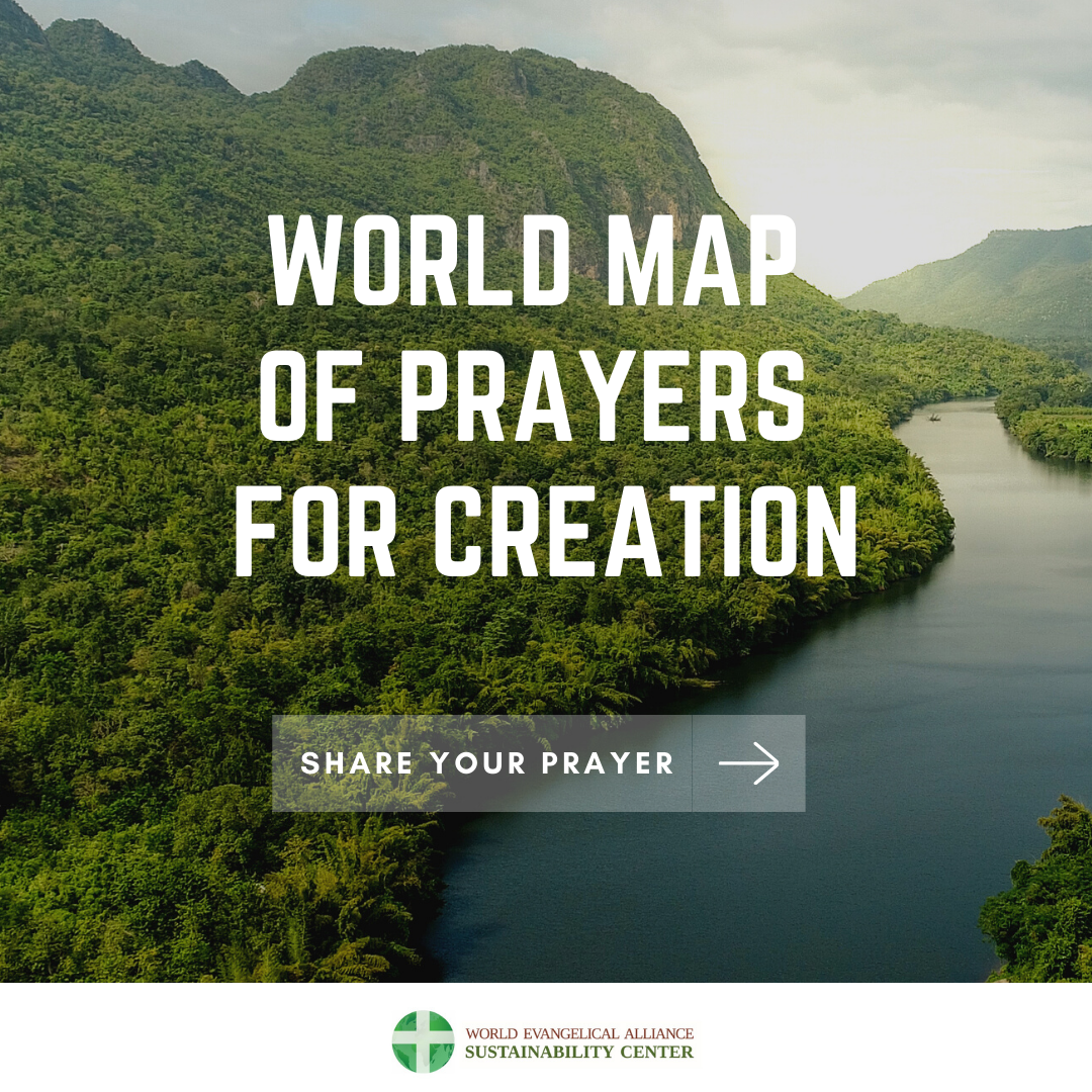 World map graphic marking prayer submissions for creation care from believers around the globe