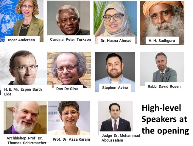 Collage of headshots of high-level speakers at the Faith for Earth Dialogue opening, including Inger Andersen, Cardinal Peter Turkson, Archbishop Thomas Schirrmacher, and other faith and UN leaders