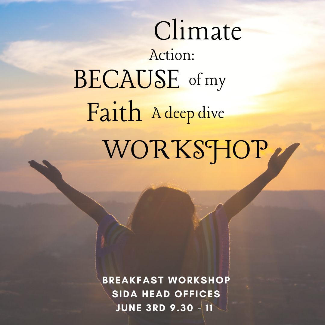Promotional graphic for the Because of My Faith mobilization workshop, showing a person raising their arms toward a sunrise over hills