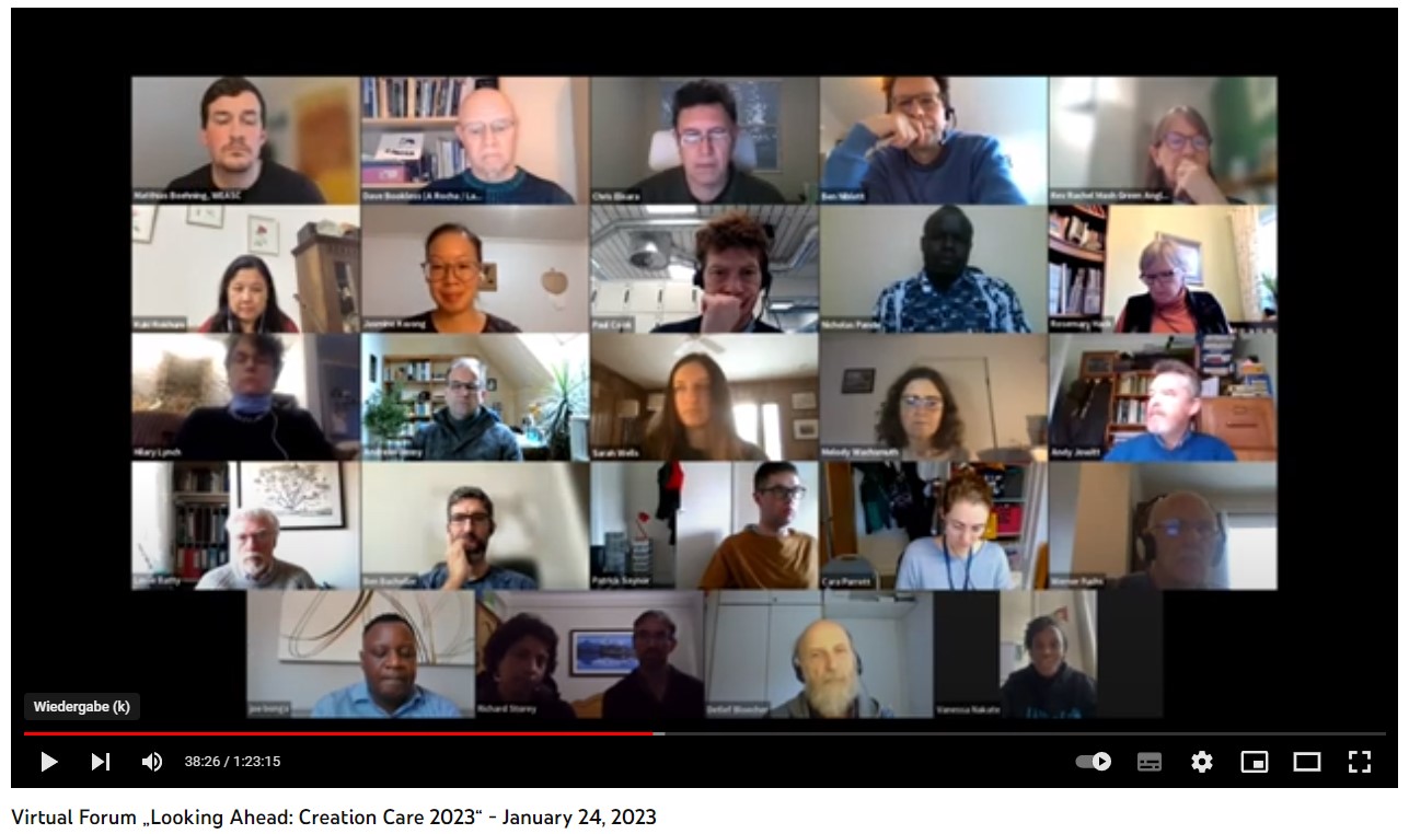 Panel of speakers on screen during the Looking Ahead: Creation Care 2023 virtual forum