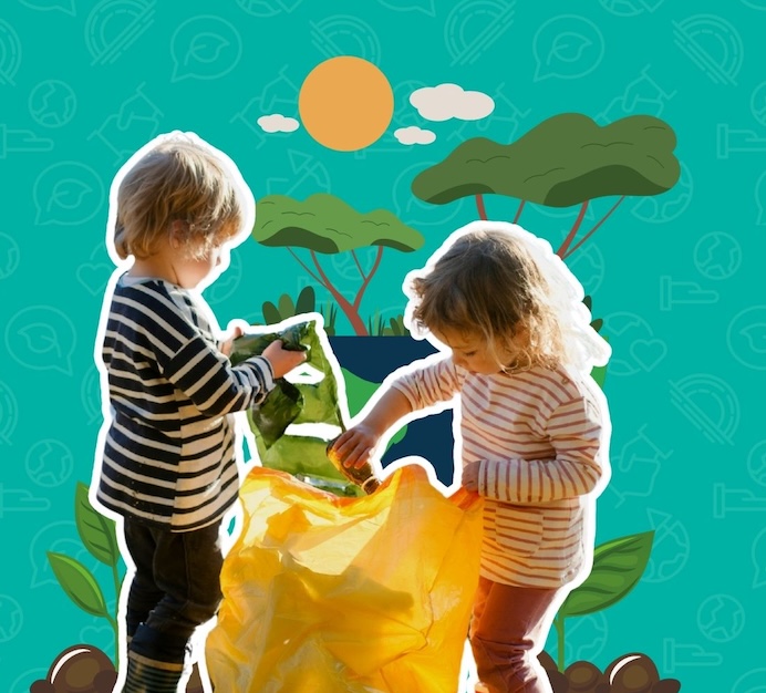 Illustrated collage of two young children collecting litter into a bag, symbolizing children and youth caring for creation
