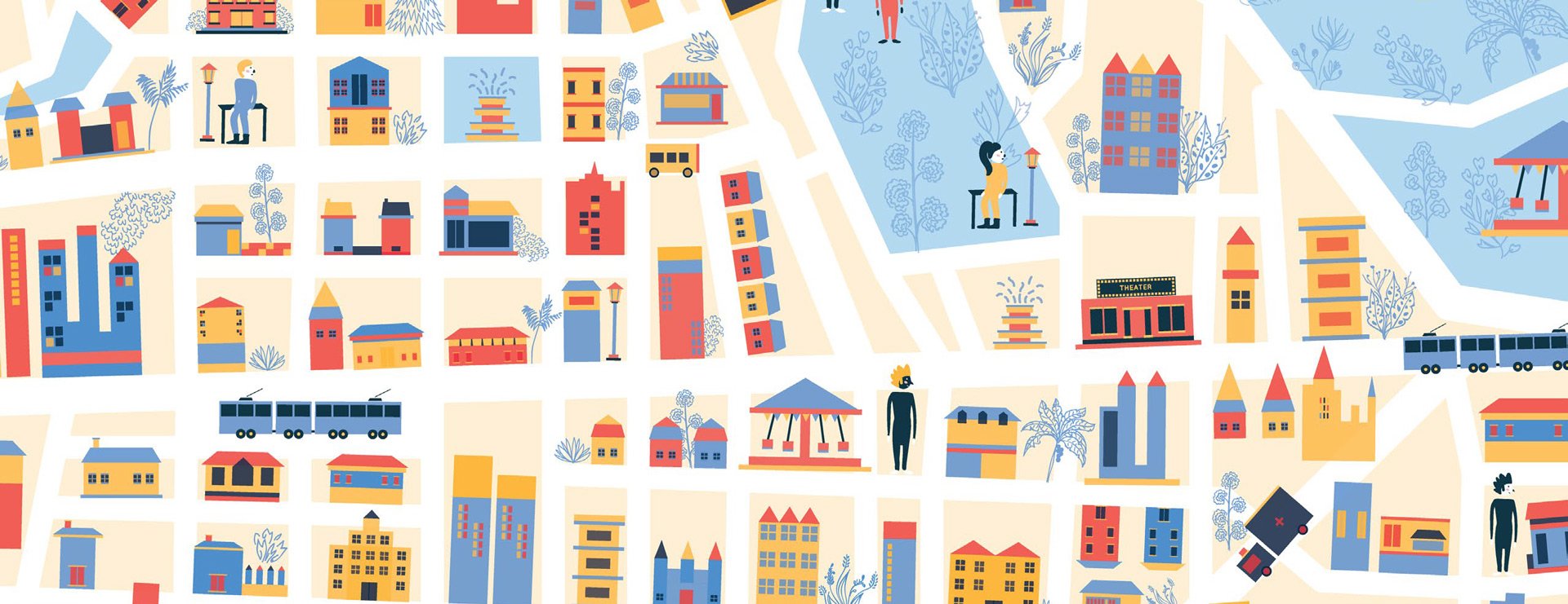 Illustrated pattern of a diverse, walkable city street